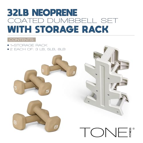 Tone Fitness Neoprene Dumbbell Set with Light Gray Storage Rack – 32 lb