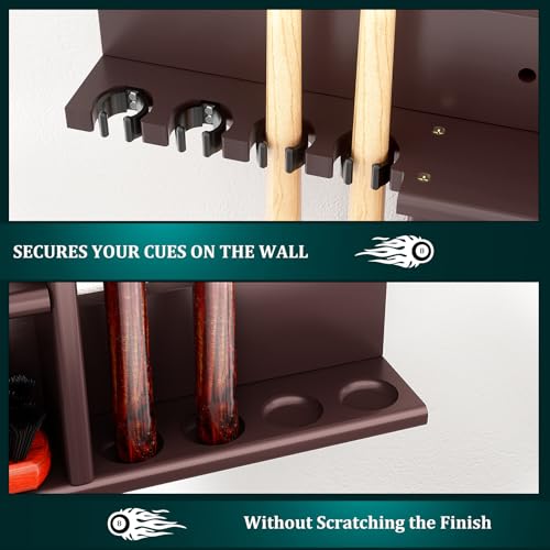 Dark Brown Bamboo Pool Cue Rack Wall Mounted for 8 Cues and Accessories