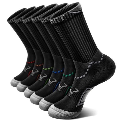 Men Cushioned Compression Crew Socks 6 Pack for Running Gym Sports - Black 11-13