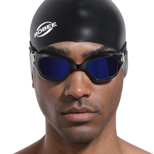 Robee Polarized Swim Goggles for Men Women Youth - Anti-Fog, Mirror Blue, Black