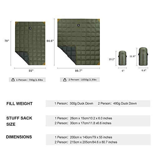 ONETIGRIS Ranger Green Down Camping Blanket - Lightweight Outdoor Travel Quilt