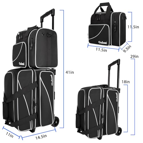 Goloni 3-Ball Bowling Bag with Wheels - Black, Double Roller with Shoe Compartment