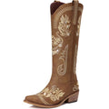Dixhills Brown Western Cowgirl Boots for Women - Sparkly Rhinestone Embroidered Knee High Tall Boot with Side Zipper, Retro Pointed Toe for Country Wedding & Party