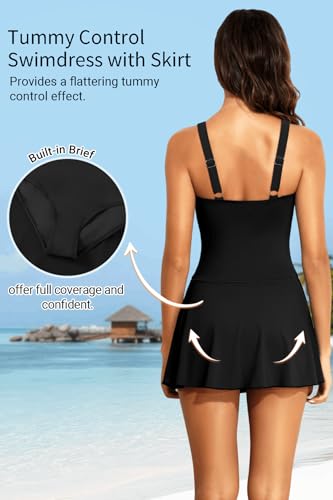 Women’s Swim Dress with Tummy Control and Skirt - X-Large Black