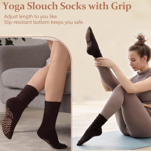 3/4/5 Pairs Slouchy Pilates Socks with Grips - Black, Dark Brown, Light Brown, Khaki