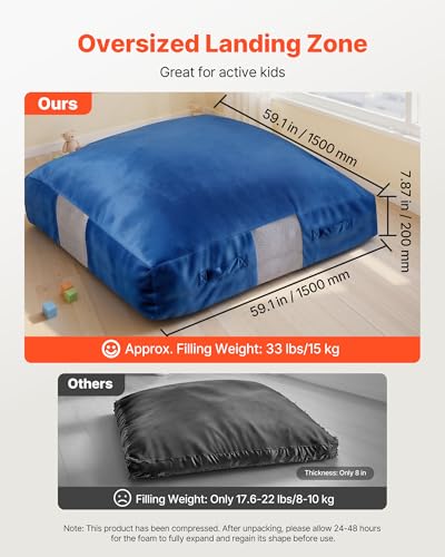 Kids Sensory Crash Pad with Foam Blocks - Large Blue Play Mat, 59.1x59.1x11.8in