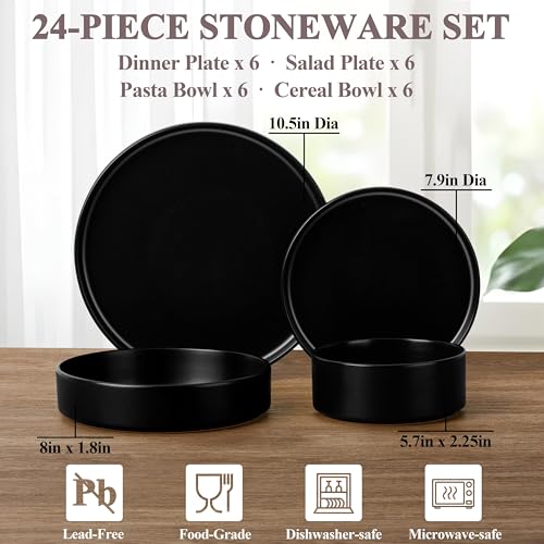 Herogo Matte Black Dinnerware Set for 6 - 24 Piece Stoneware Plates, Bowls & Pasta Bowls