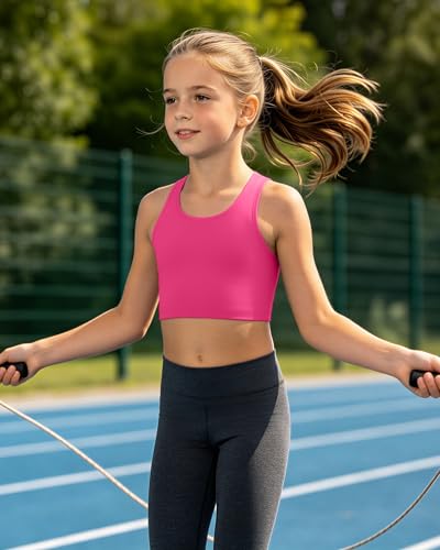 Girls Training Crop Top Sports Bra for Teens Kids - Rose Red, 5-6 Years