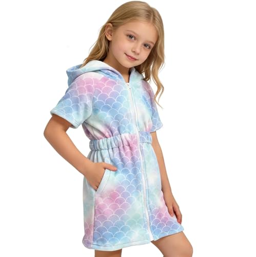 Girls Hooded Swim Cover Up with Zipper - Quick Dry Terry Cloth Wrap for Pool & Beach, Ages 4-14