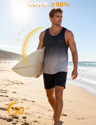 EZRUN Men's UPF 50+ Gradient Black Grey Quick Dry Tank Top for Workout & Beach - Medium