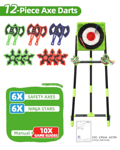 Green Axe Throwing Game Set with Bristle Target & 12 Axes for Indoor Outdoor Backyard Kids & Adults - Variation: 6 Star