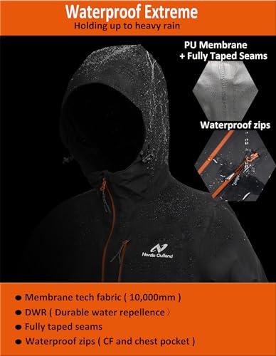 Mens Lightweight Waterproof Hooded Rain Jacket - Large Black Outdoor Raincoat