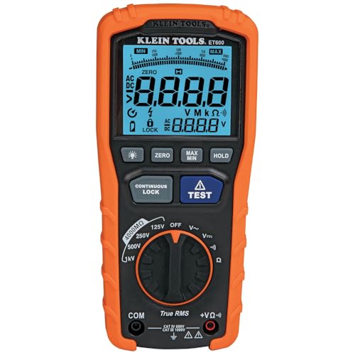 Multimeter Insulation Tester - Klein Tools ET600 with Auto-Ranging TRMS, 4000MΩ Resistance, 125V-1000V, Tester Variation