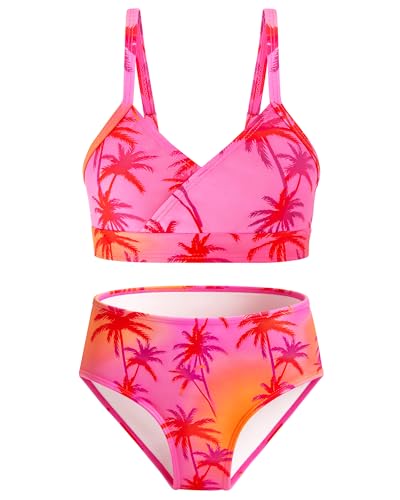 Girls 2-Piece Swimsuit Bikini Set with Adjustable Shoulder Straps - Pink Gradient Coconut Tree / 12