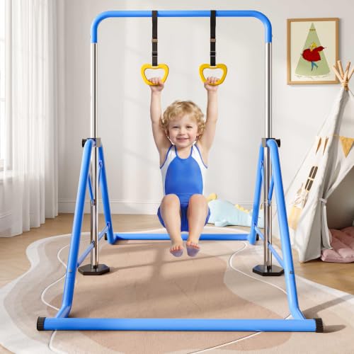 Kids Adjustable Gymnastics Bars with Rings - Blue, Space-Saving Foldable Design, 45-61 inches