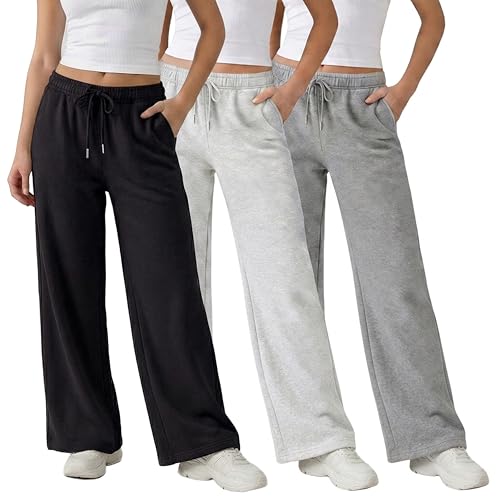 Common Stitch 3-Pack Wide Leg Fleece Sweatpants for Women - Medium, Black & Grey