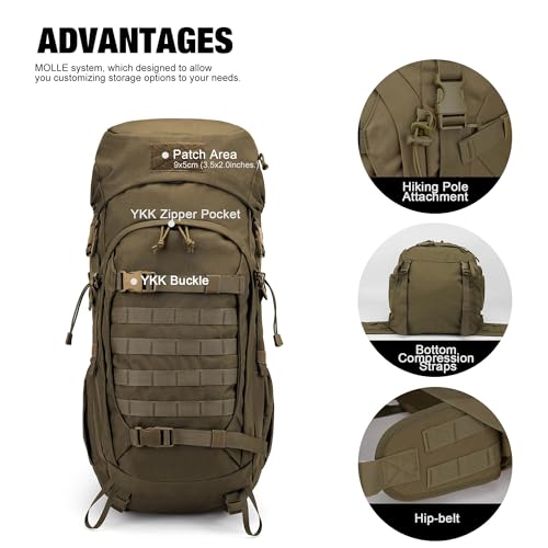 Khaki 50L Hiking Backpack with Rain Cover - Durable Tactical Daypack