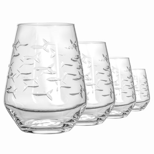 Rolf Glass 18oz School of Fish Stemless Tumbler Set of 4 - Lead-Free, Engraved & Polished in USA