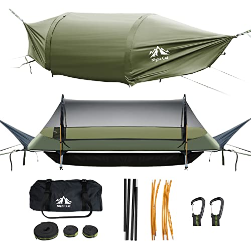 Night Cat Army Green Flat Lay Camping Hammock Tent with Mosquito Net & Rainfly, Supports 330LBS