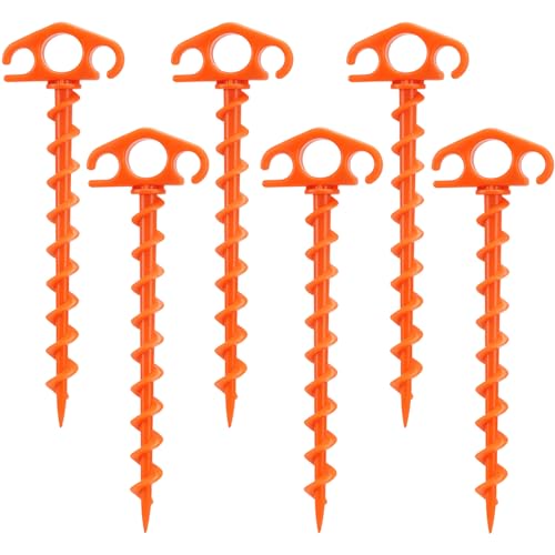 Heavy Duty Spiral Tent Stakes Ground Anchors - 6 Pack Orange, 9.4 Inch