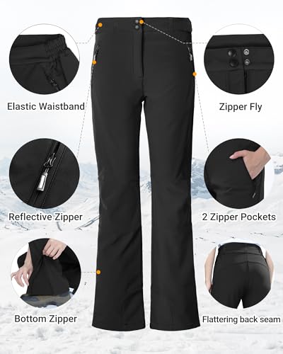 Women's Waterproof Fleece-Lined Ski Snow Hiking Pants - Black, 10 Short, Elastic Waistband