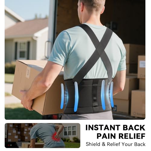 Work Back Brace for Men & Women, Adjustable Lower Back Support Belt - Black, Large
