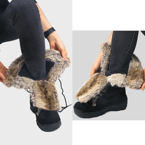 Women's Black Winter Snow Boots with Fur Cuff - Waterproof Mid-Calf Lace-Ups - Variation: Brown Fur