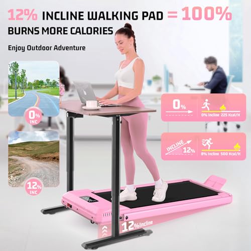FUNMILY Light Pink Foldable Walking Pad Treadmill with 12% Incline & Handle Bar, 3.5HP Compact Under Desk Exercise Machine for Home & Office