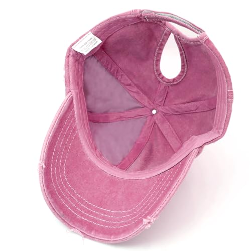 Pink Messy Bun Ponytail Baseball Cap for Women - Washed Cotton Hat