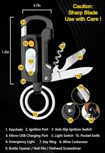 Black 9-in-1 Keychain Multitool with Electric Lighter & Flashlight