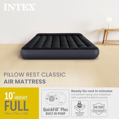 Intex Dura-Beam Full Size Pillow Rest Air Mattress with Electric Pump - 10 Inch Bed Height