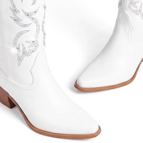 Platikly Women's Creamy White Cowboy Boots - Wide Calf Rhinestone Tall Western Boots, Side Zipper, Embroidery, Glitter Sparkle, Retro Cowgirl Footwear