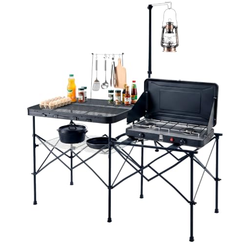 Portable Camp Kitchen Station with Steel Mesh Top & Foldable Design