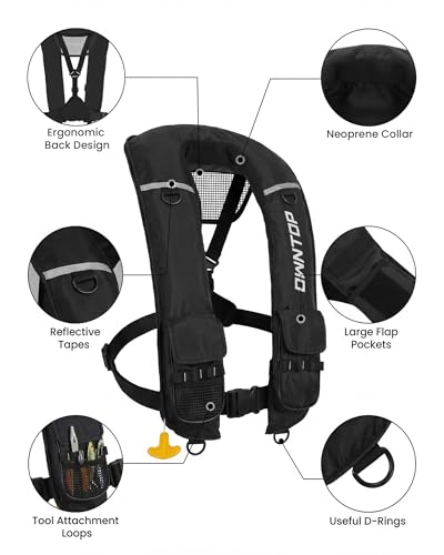 Owntop Black Inflatable Life Jacket for Adults with CO2 Cylinder, Auto/Manual, Pockets