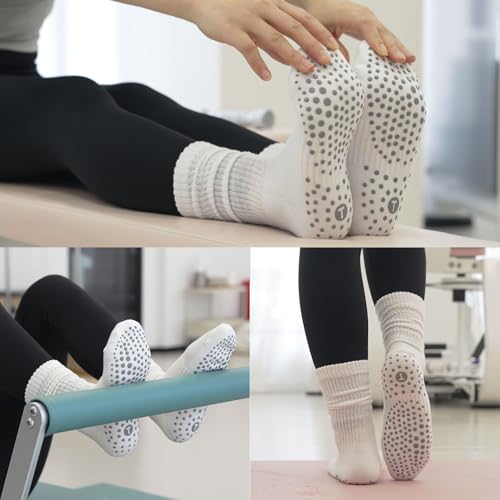 Women's Pilates Slouch Crew Socks Non Slip Yoga & Barre Socks - 2 Pairs White