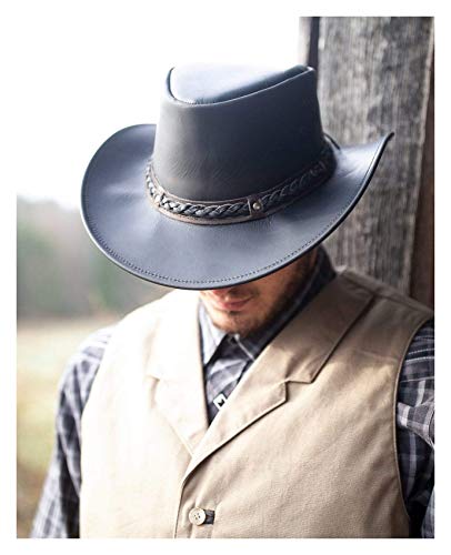 Men's Western Hat UPF 50 Breathable Leather Cowboy Hat - Medium Black