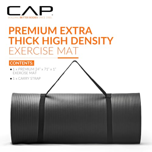 Black Extra Thick 1-Inch Yoga Mat with Strap - Non-Slip Cushioned Exercise Floor Mat