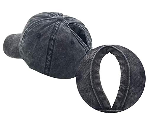 Medium Black Ponytail Baseball Cap Distressed Retro Washed for Women