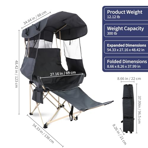 Portable Camping Chair with Canopy & Shade - Heavy Duty Outdoor Lounge Chair - Grey / Casual