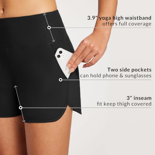 High Waisted Swim Shorts with Pockets - 3 Inch Inseam, Large, Black