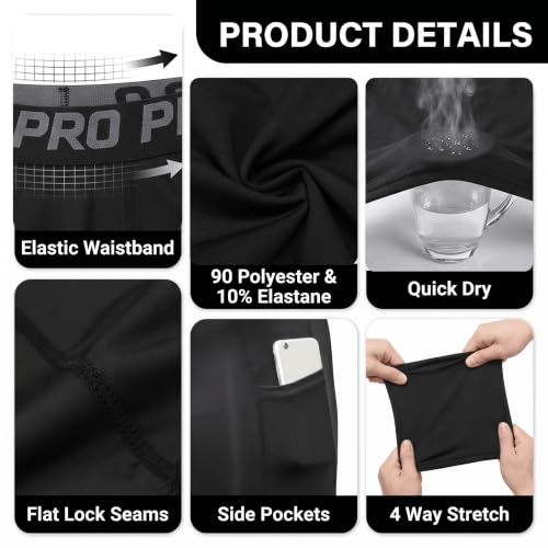 Men's Compression Shorts with Phone Pocket - Running Gym Yoga Athletic Tights, Summer Cool & Dry, Medium / Black Pack