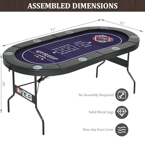 RAYKEEP 71-Inch Foldable Poker Table for 8 Players - Portable Casino Texas Hold'em