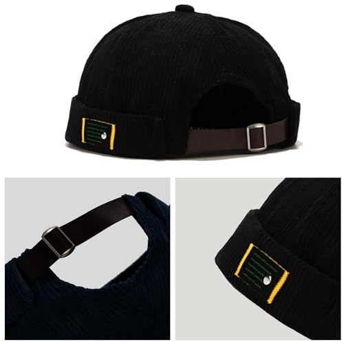 Mens Corduroy Black Skullcap Beanie Hat - Rolled Cuff Retro Sailor Cap