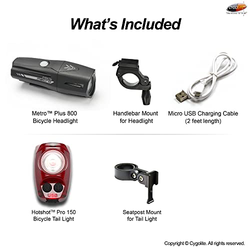 All-Season Cygolite Bike Light Set - 800 Lumen Front & 150 Lumen Tail Lights, USB Rechargeable, Safety Modes