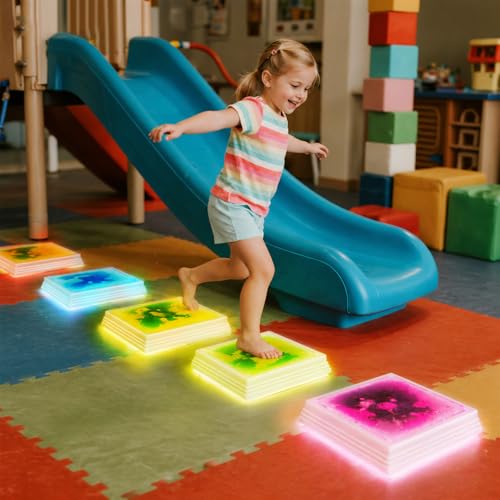 Liquid Light-Up Stepping Stones for Kids 12-Inch Square, Colorful 4-Pack