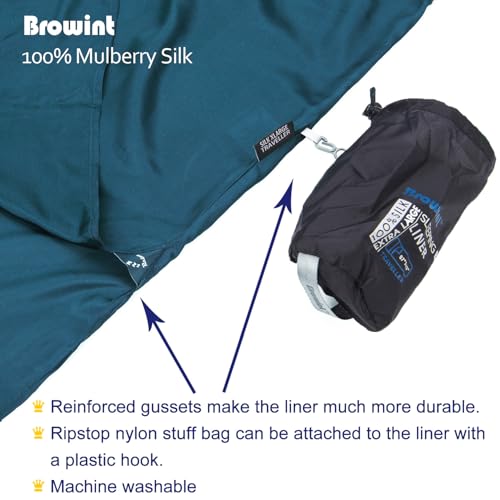 Dark Blue XL Silk Sleeping Bag Liner with Pillow Pocket - Lightweight Travel Sheet