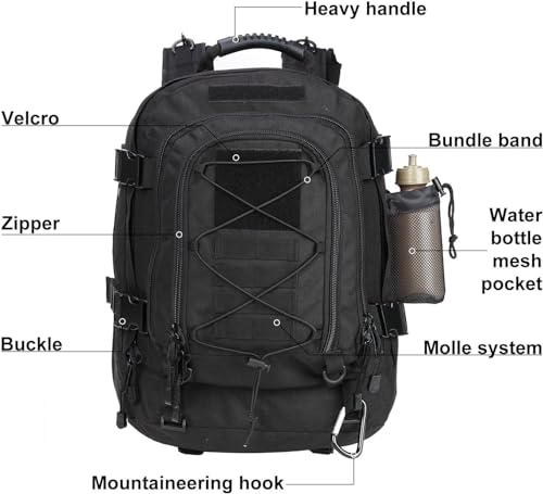 Expandable Military Tactical Backpack 40-64L Black 3-Day Hiking Camping Bag