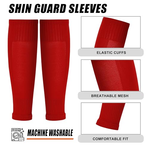 Soccer Grip Socks with Leg Sleeves - Anti-Slip Performance with Shin Guard Straps - One Size Red
