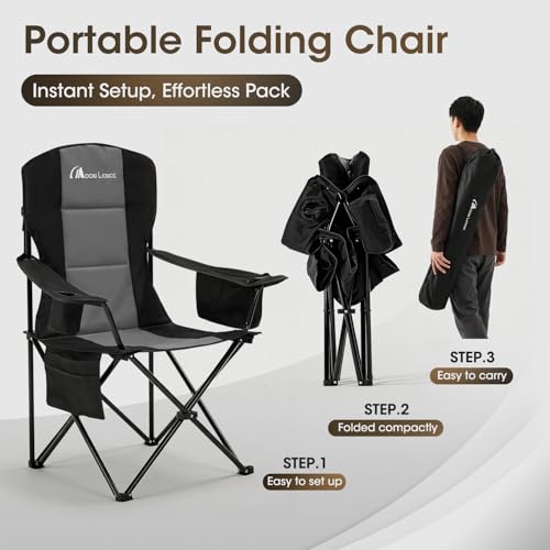 MOON LENCE Oversized Folding Camping Chair 1 - Heavy Duty, Padded, High Back with Cooler & Cup Holder