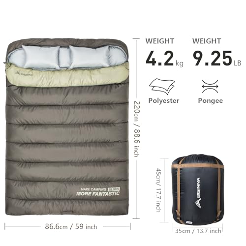BISINNA Double Sleeping Bag for Adults - Queen Size, Green, Warm & Spacious
